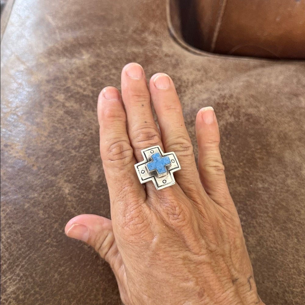 Chunky Sterling Silver Cross Ring with Blue turquoise Inlay adjustable